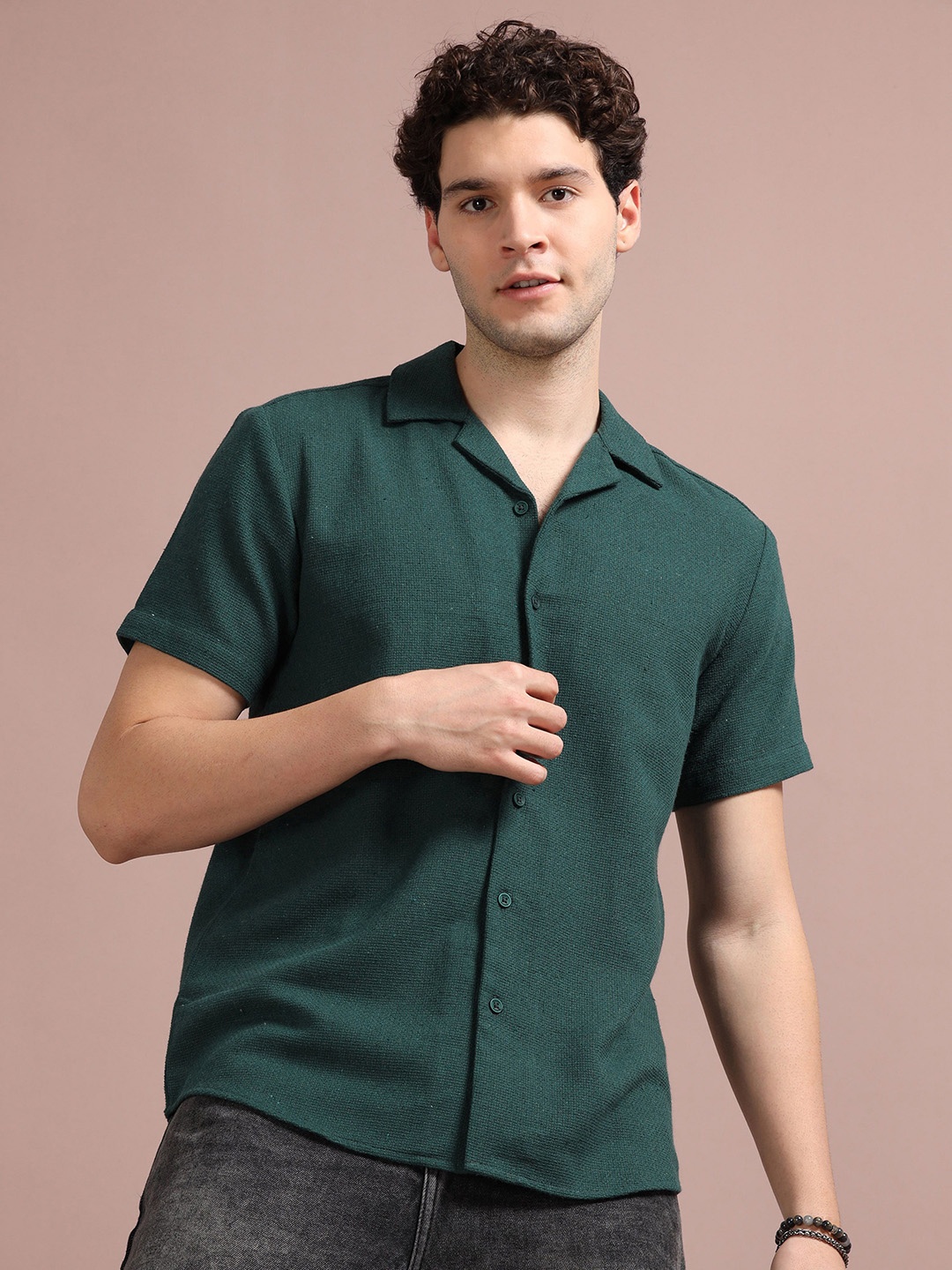 

StitchX Men Slim Fit Half Sleeve Textured Cotton Cuban Collar Shirt, Teal