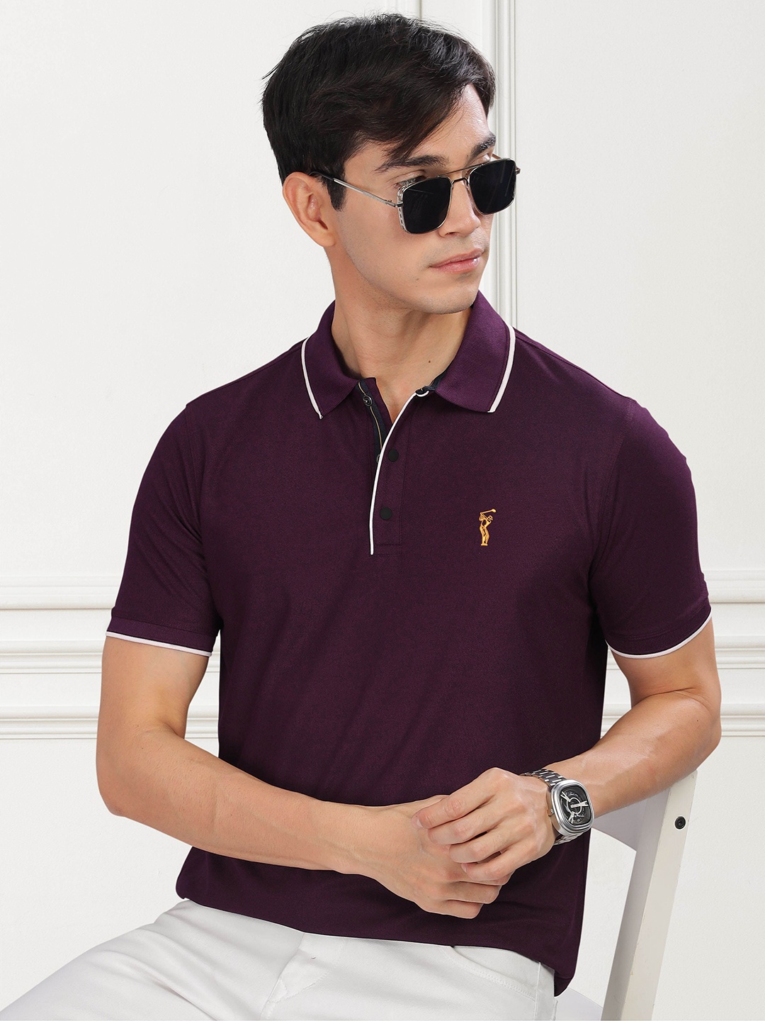 

STELLERS Men Solid Polo Collar Slim Fit T-shirt, Burgundy