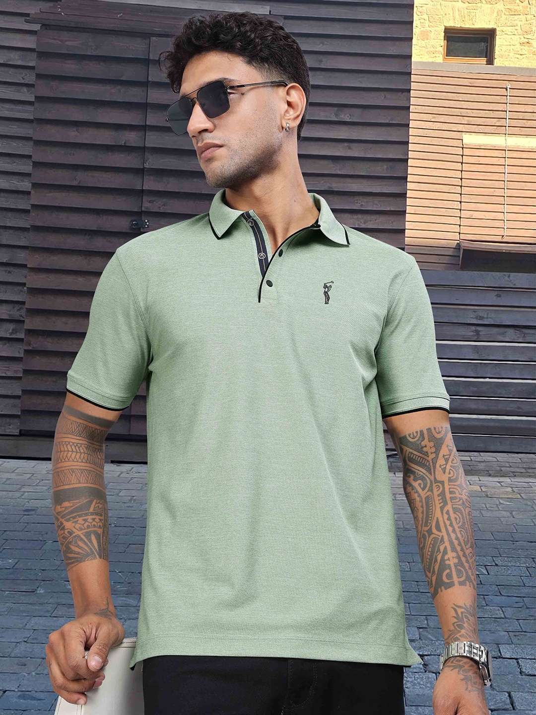 

STELLERS Men Solid Polo Collar T-shirt, Sea green