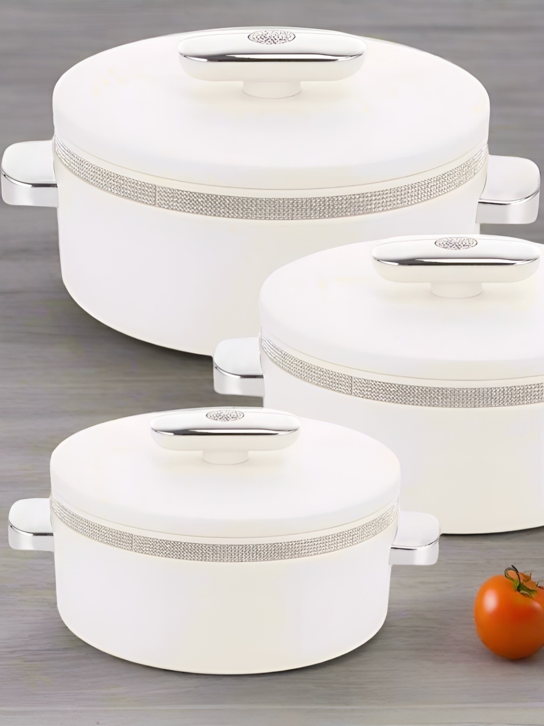 

Nayasa Sapphire Set Of 3 Big Insulated Stainless Steel Casserole- 1000ml, 1500 ml, 2000 ml, White