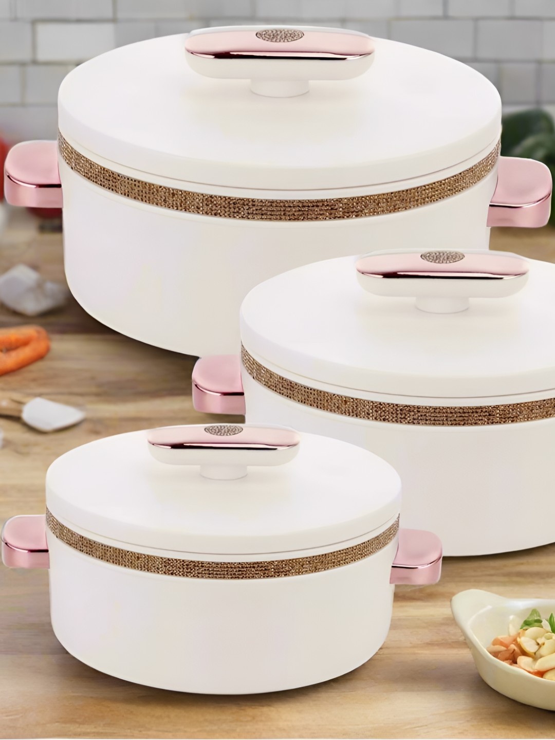 

Nayasa Sapphire Set of 3 Pearl White Insulated Stainless Steel Casseroles, Rose gold