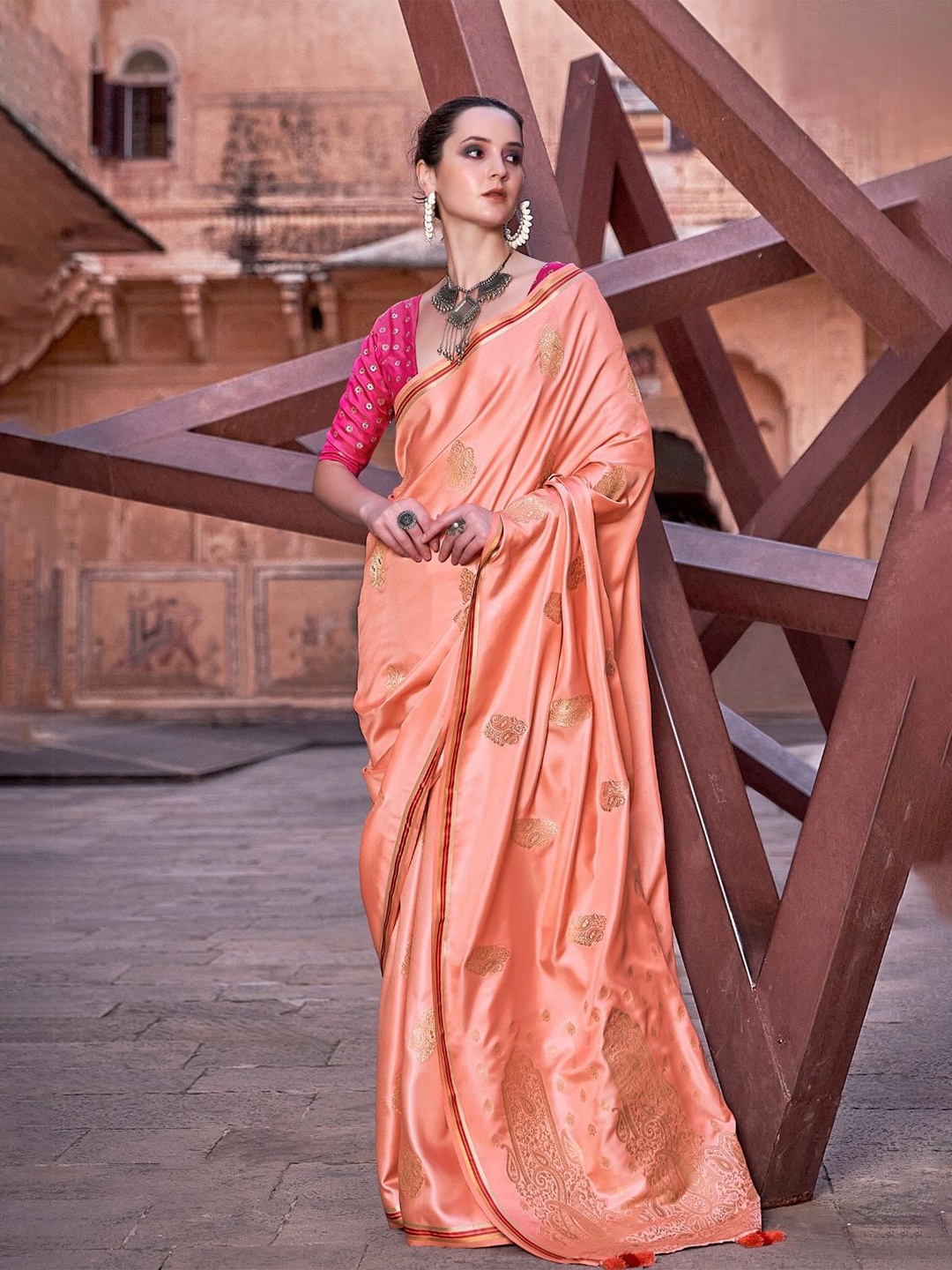 

DEVATITHI Pure Satin With Zari Weaving & Contrast Blouse Saree, Orange