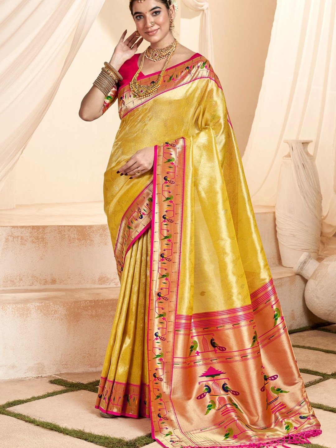 

DEVATITHI PURE PAITHANI TISSUE SILK WITH ZARI BORDER Saree, Yellow