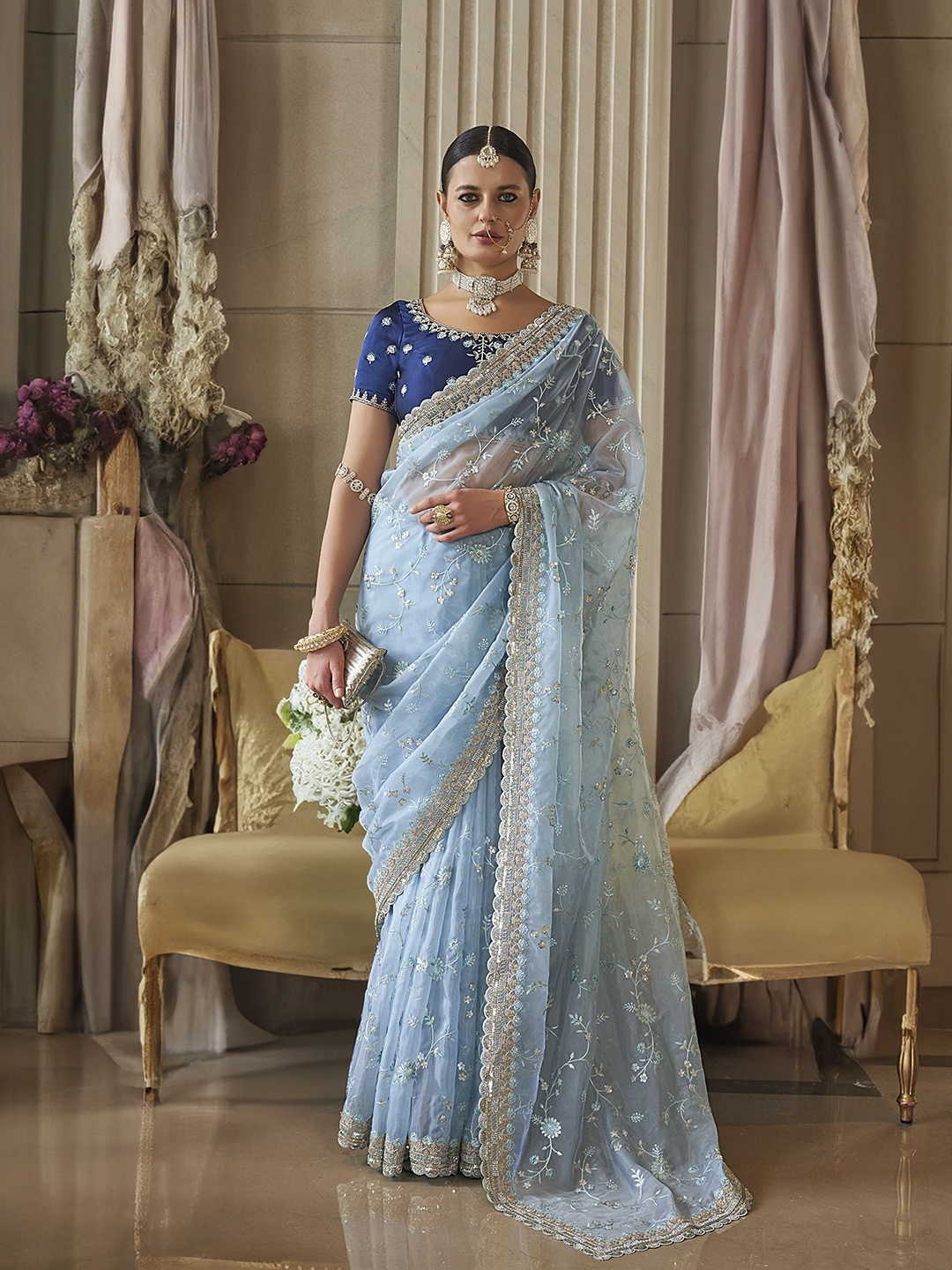 

DEVATITHI Turquoise Fancy Based Pure Tissue Fabric with Body Unique Work And Blouse Saree, Turquoise blue