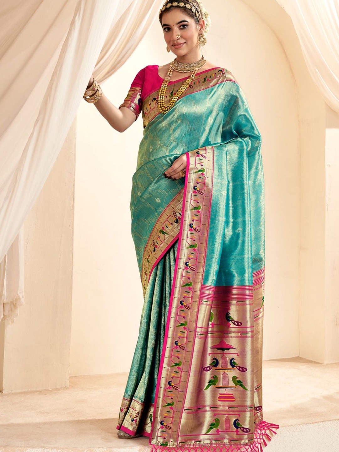 

DEVATITHI Turquoise Pure Paithani Tissue Silk with Zari Border Saree, Turquoise blue