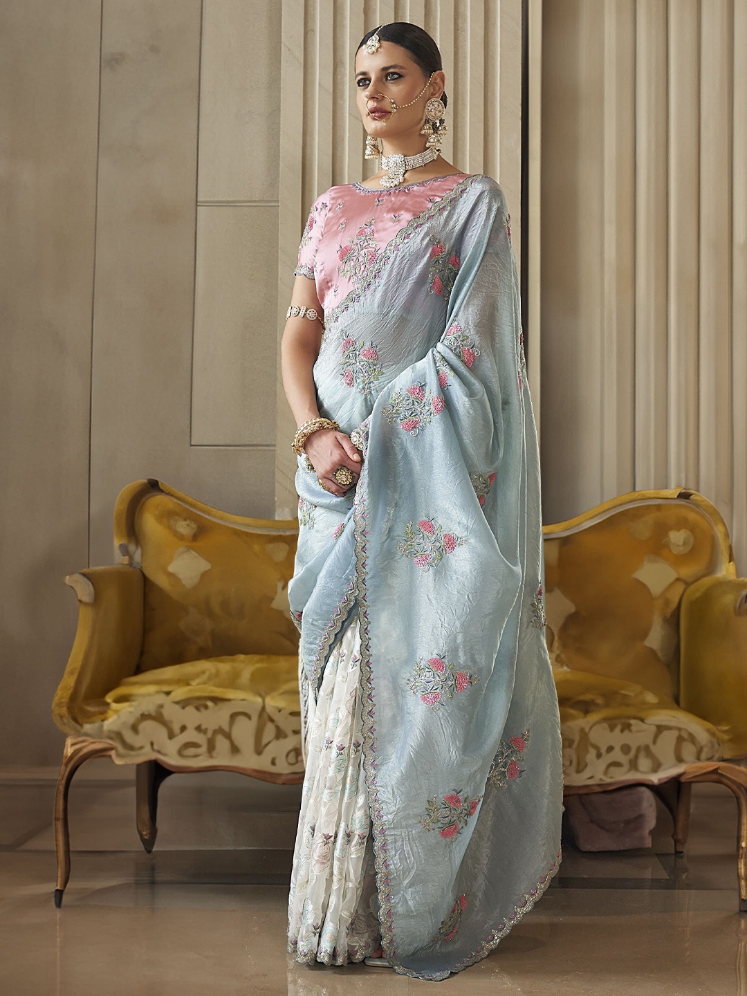 

DEVATITHI Fancy Based Pure Tissue Fabric with Body Unique Work And Desinger Saree, Blue