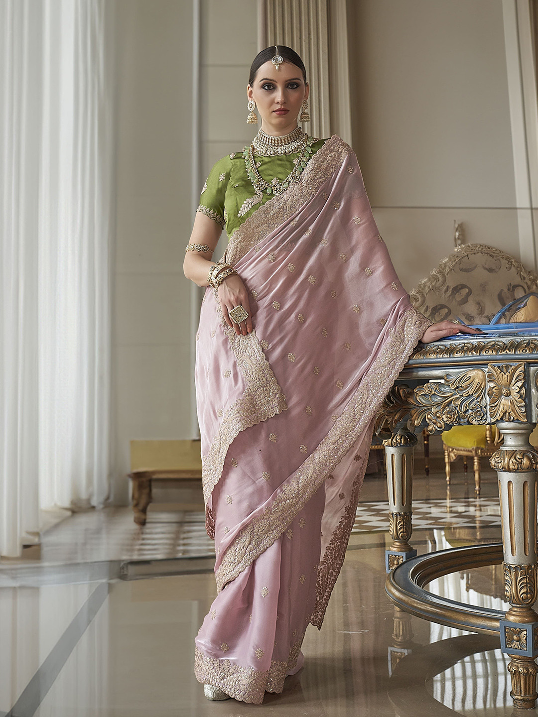 

DEVATITHI Peach Fancy Based Pure Tissue with Body Unique Work And Desinger Blouse Saree