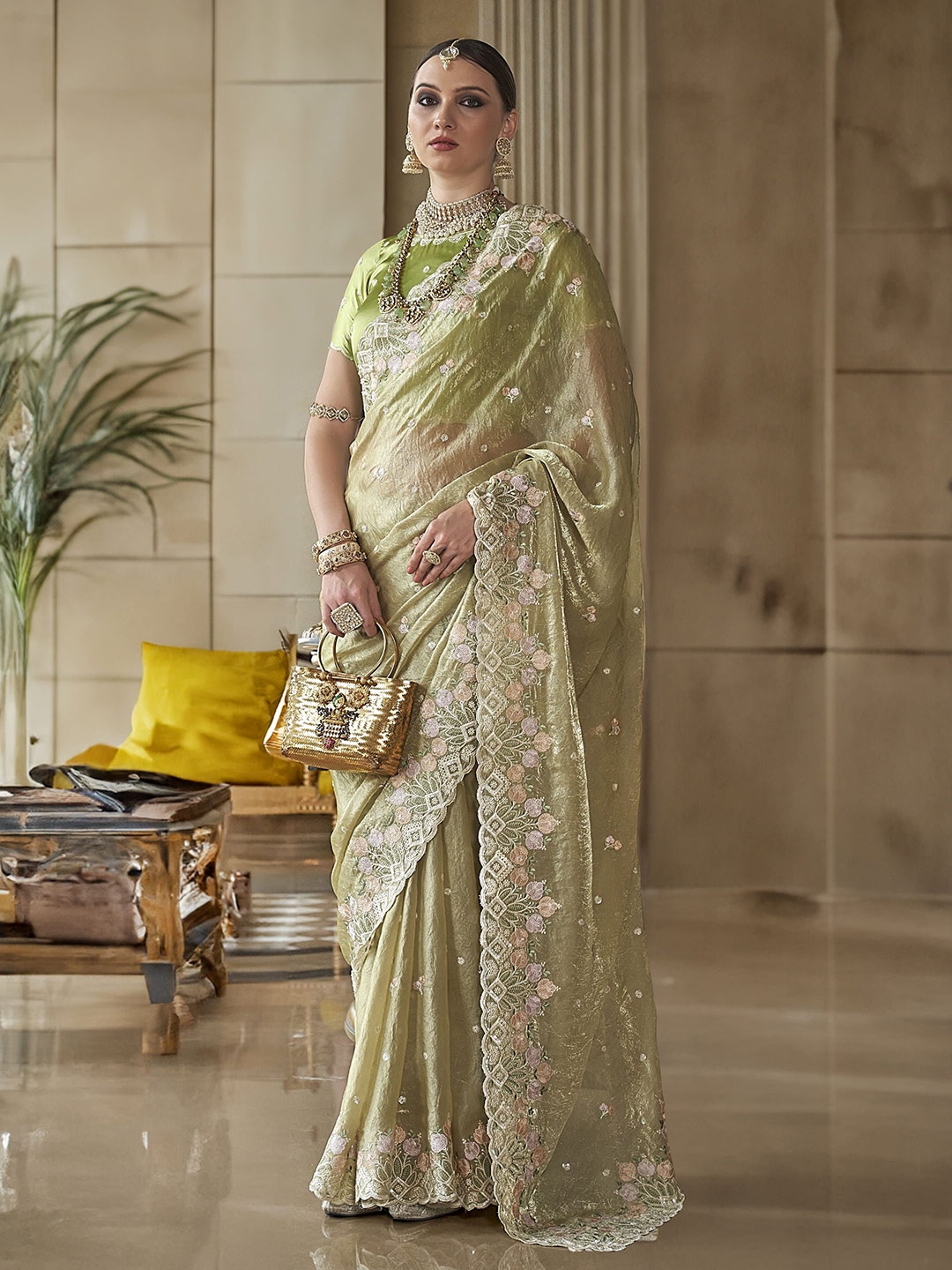 

DEVATITHI Fancy Based Pure Tissue Fabric with Body Unique Work And Desinger Blouse Saree, Green