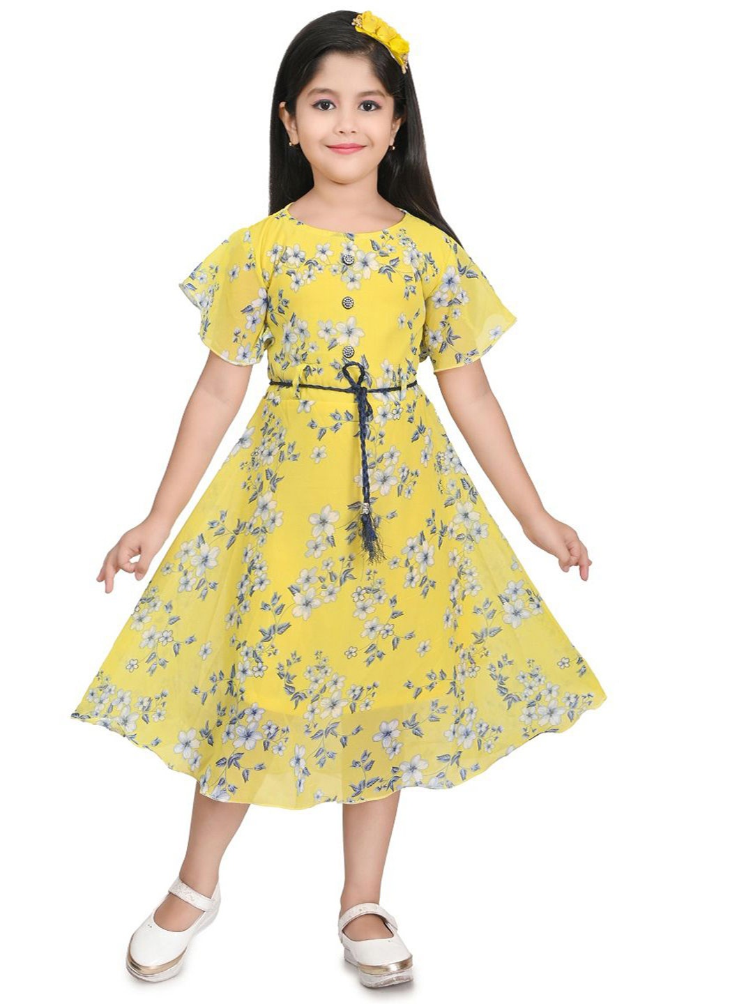 

BAESD Girls Floral Printed Crepe A-Line Dress, Yellow