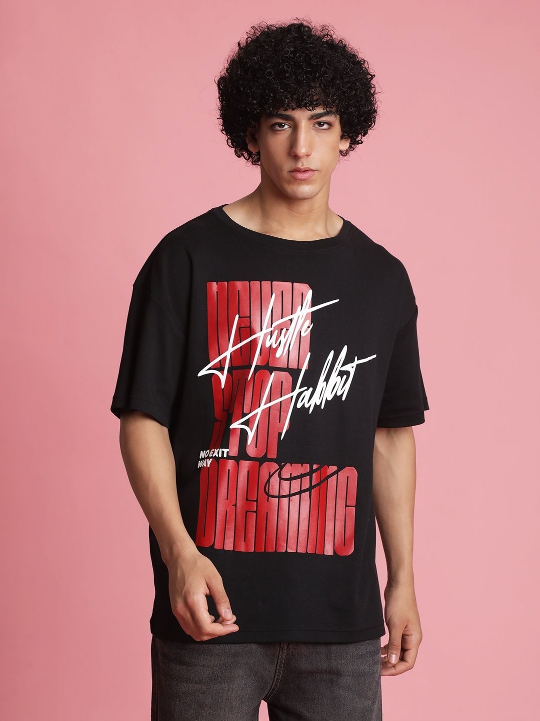 

Bene Kleed Men Typography Printed Round Neck Cotton Oversized T-shirt, Black