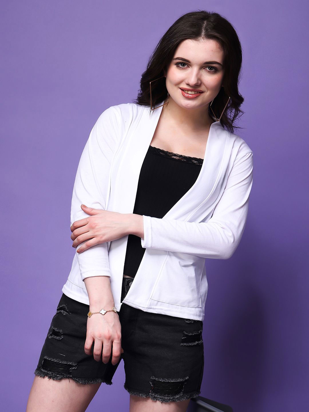 

SWIFTLY Shawl Collar Pure Cotton Open Front Shrug, White