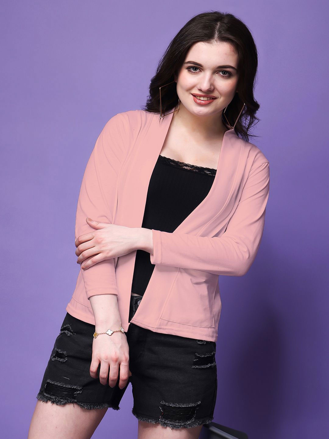 

SWIFTLY Shawl Collar Pure Cotton Open Front Shrug, Peach