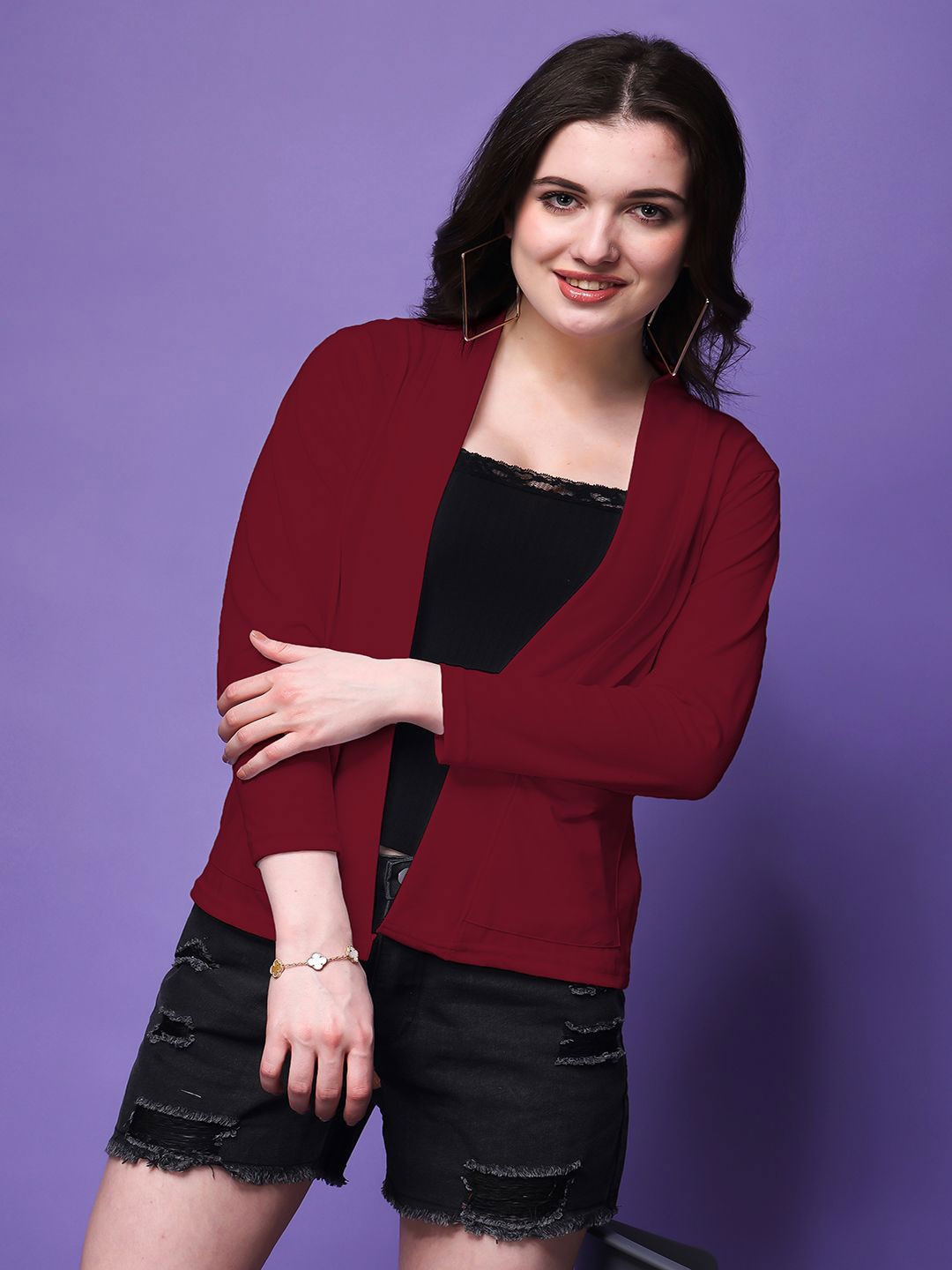 

SWIFTLY Shawl Collar Pure Cotton Open Front Shrug, Maroon