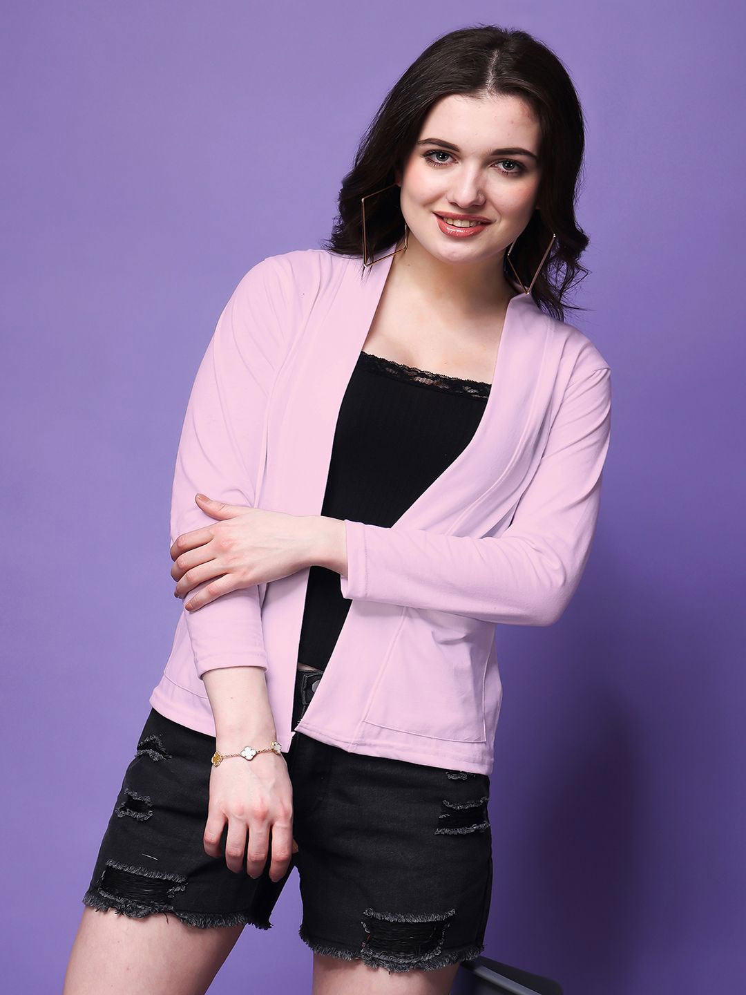 

SWIFTLY Shawl Collar Pure Cotton Open Front Shrug, Pink