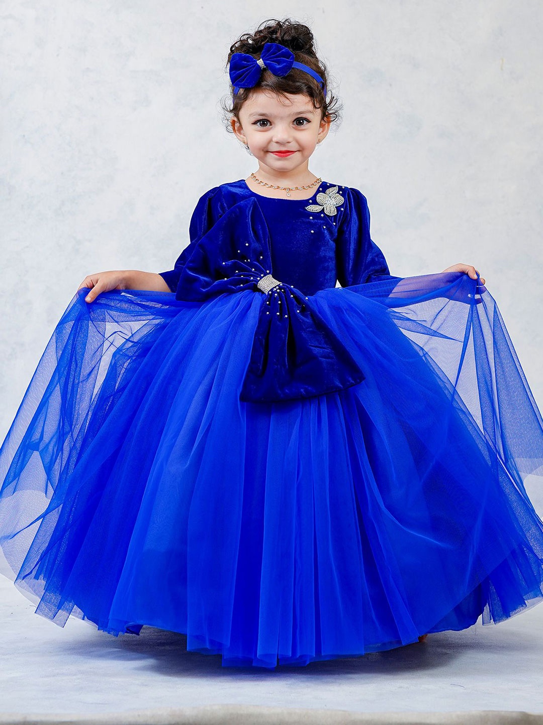 Li & Li Boutique Girls Embellished Bow Detail Velvet Maxi Dress, Blue