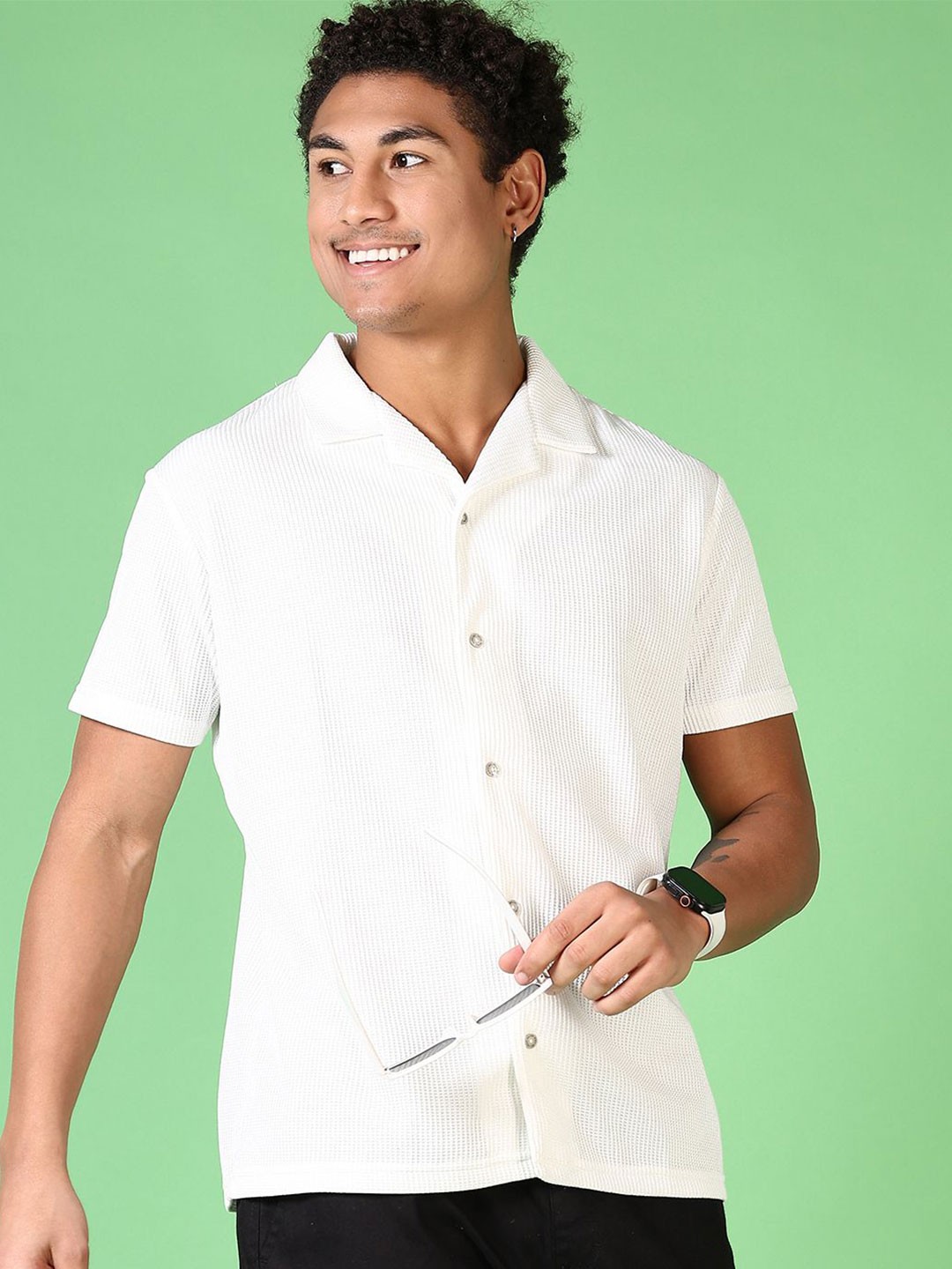 

V-Mart Men Cuban Collar Solid Cotton Casual Shirt, White