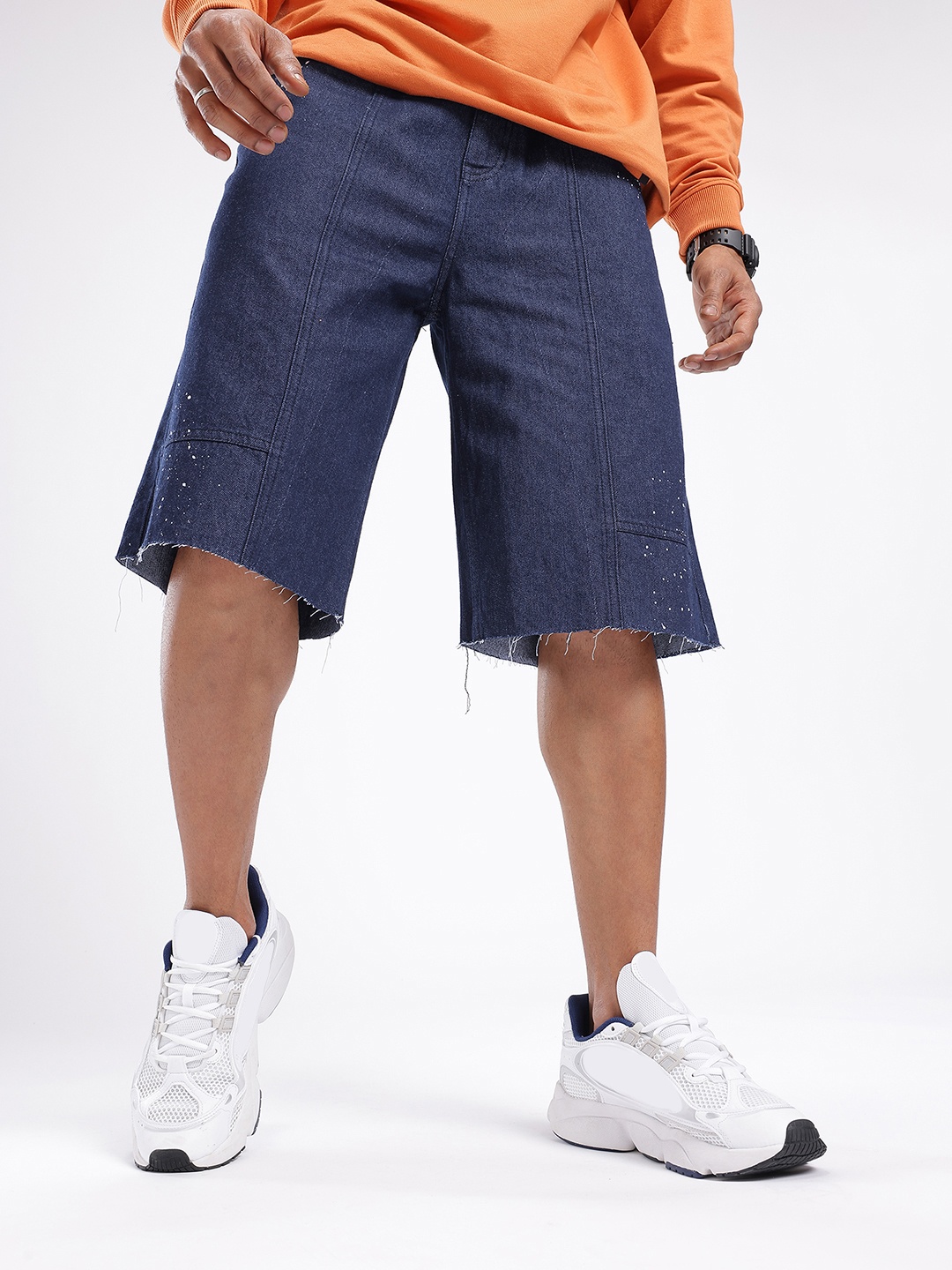 

glitchez Men Street Cool Sprinkle Raw Edges Loose Fit Jorts, Blue