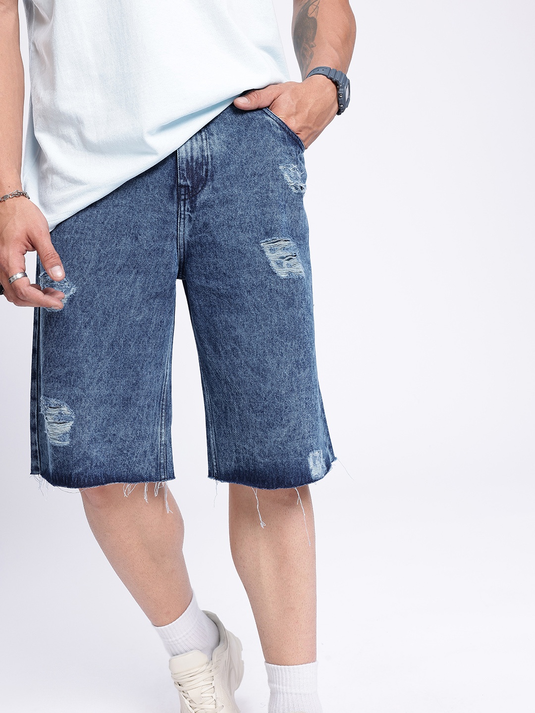 

glitchez Men Raw Finish Loose Distressed Denim Jorts, Blue