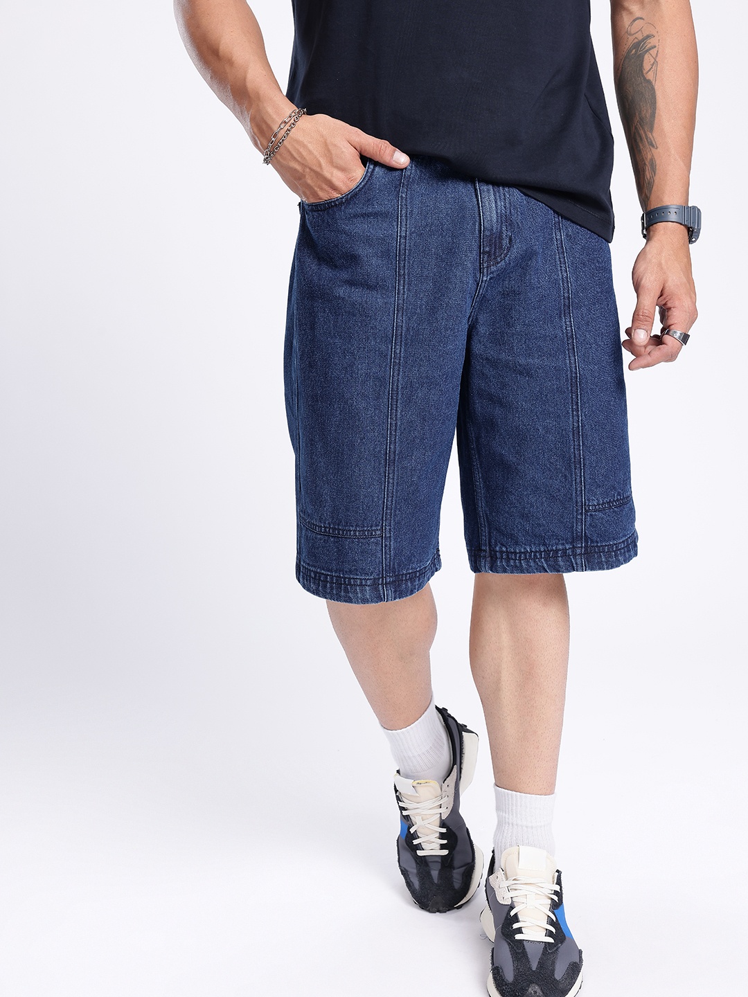 

glitchez Men Fresh Navy Loose Fit Denim Jorts, Navy blue
