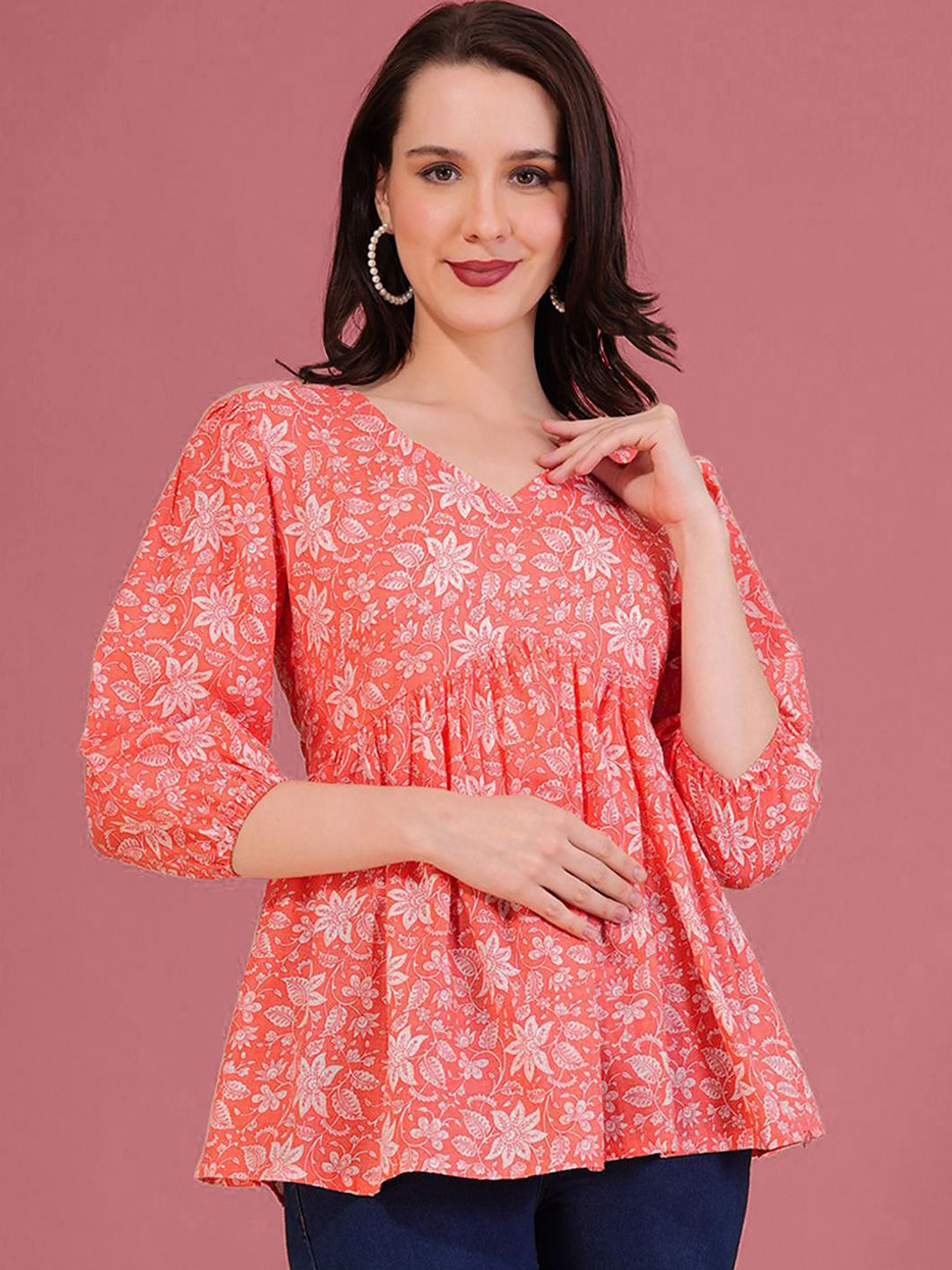 

Dream Beauty Fashion Women Floral Print Puff Sleeve Peplum Top, Peach