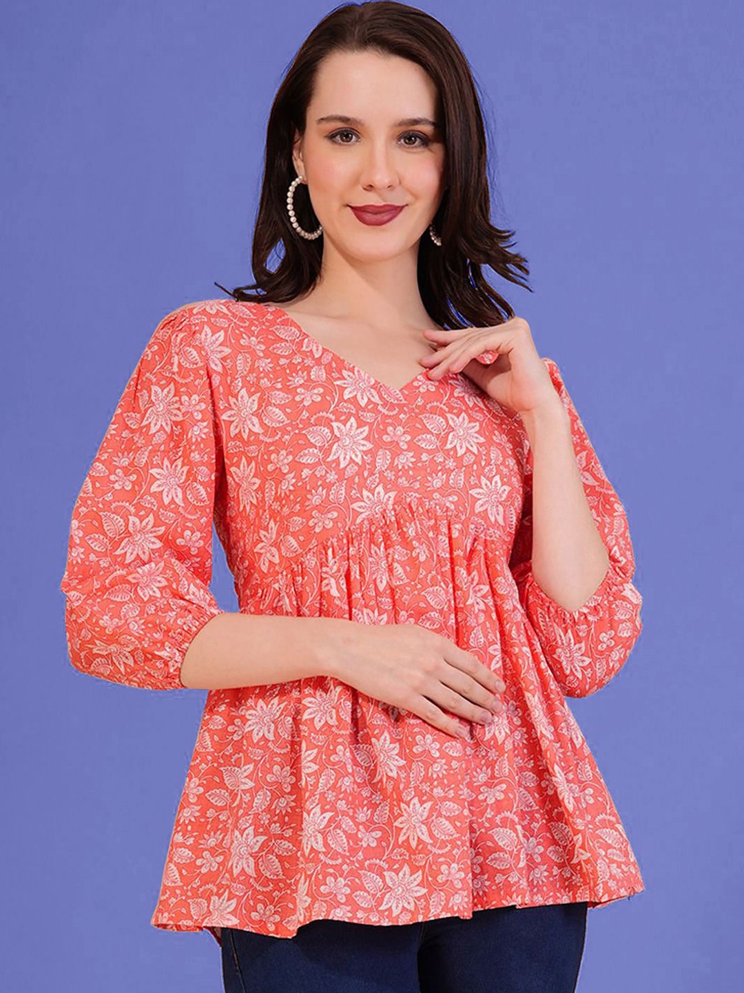 

Dream Beauty Fashion Women Floral Print Puff Sleeve A-Line Top, Peach
