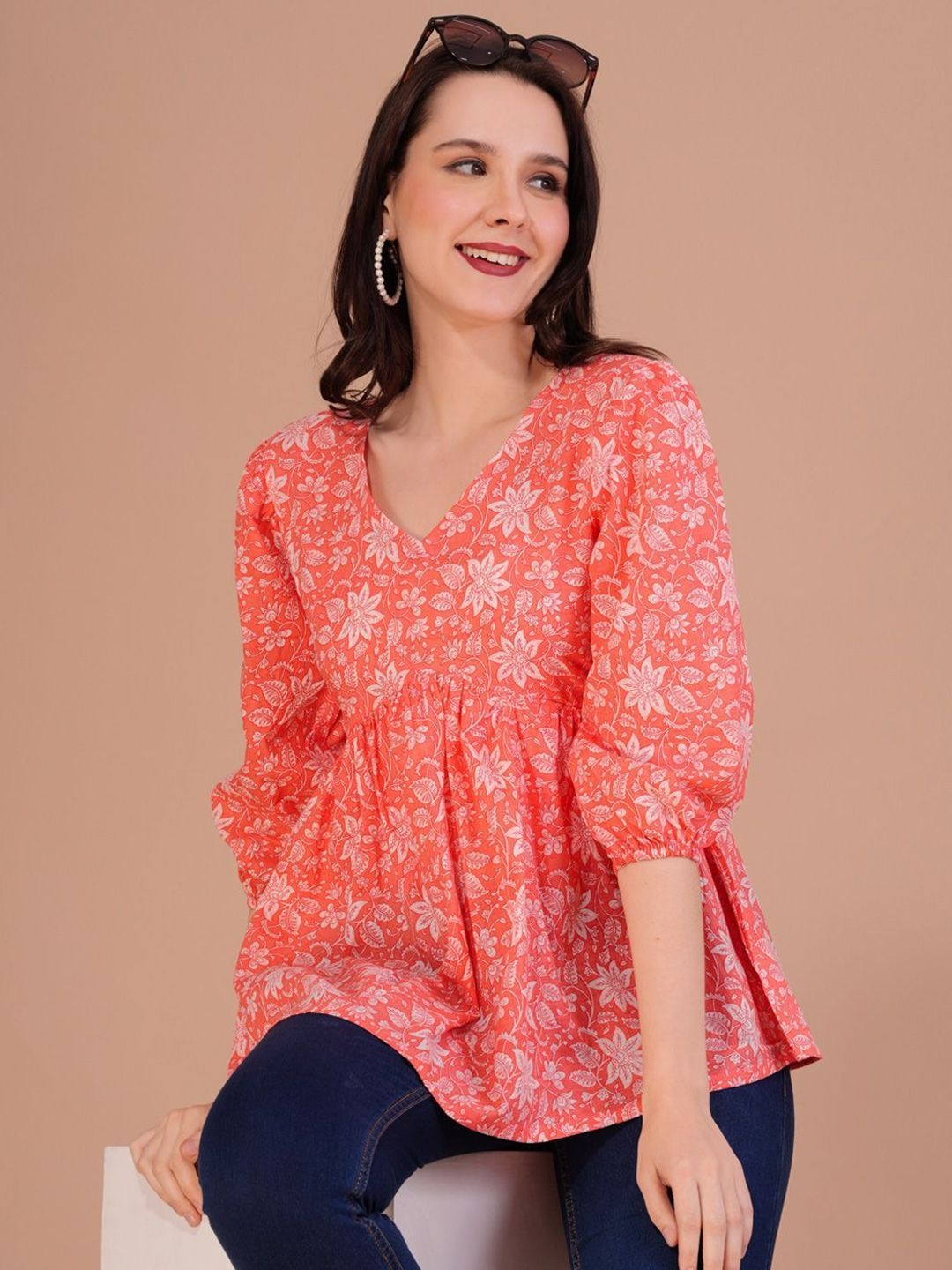 

Dream Beauty Fashion Floral Printed Puff Sleeve Peplum Top, Peach
