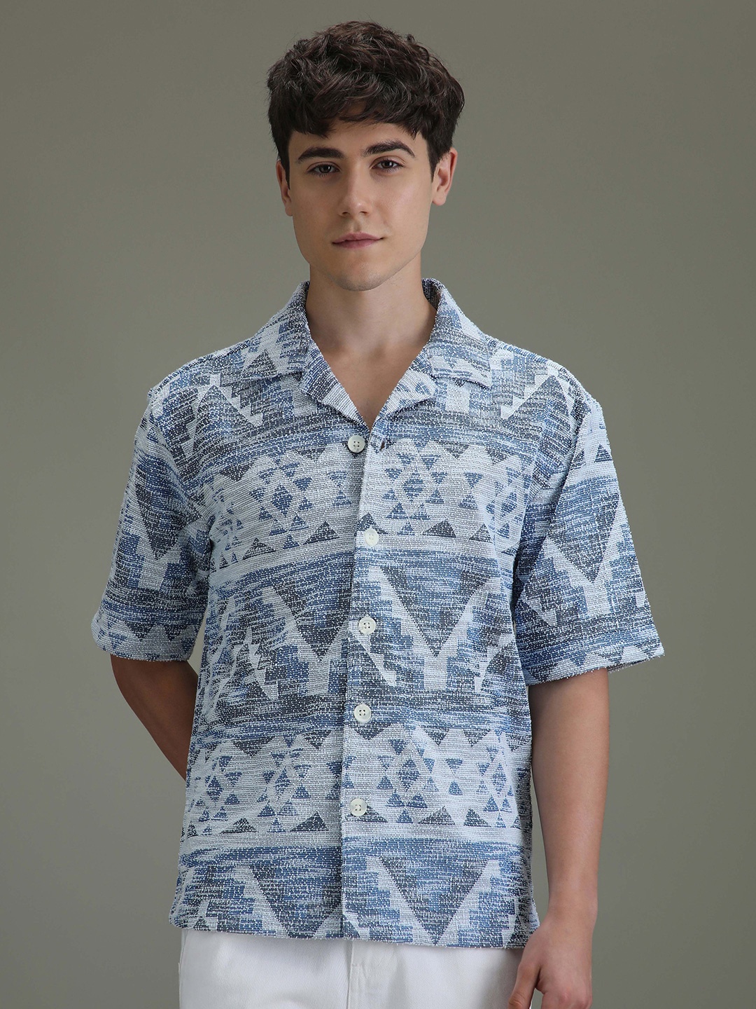 

Banana Club Men Half Sleeves Cuban Collar Knitted Shirt, Blue
