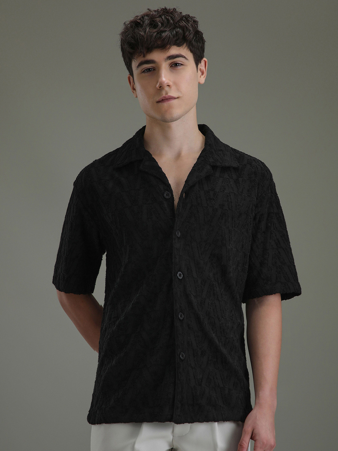 

Banana Club Men Half Sleeves Cuban Collar Knitted Shirt, Black