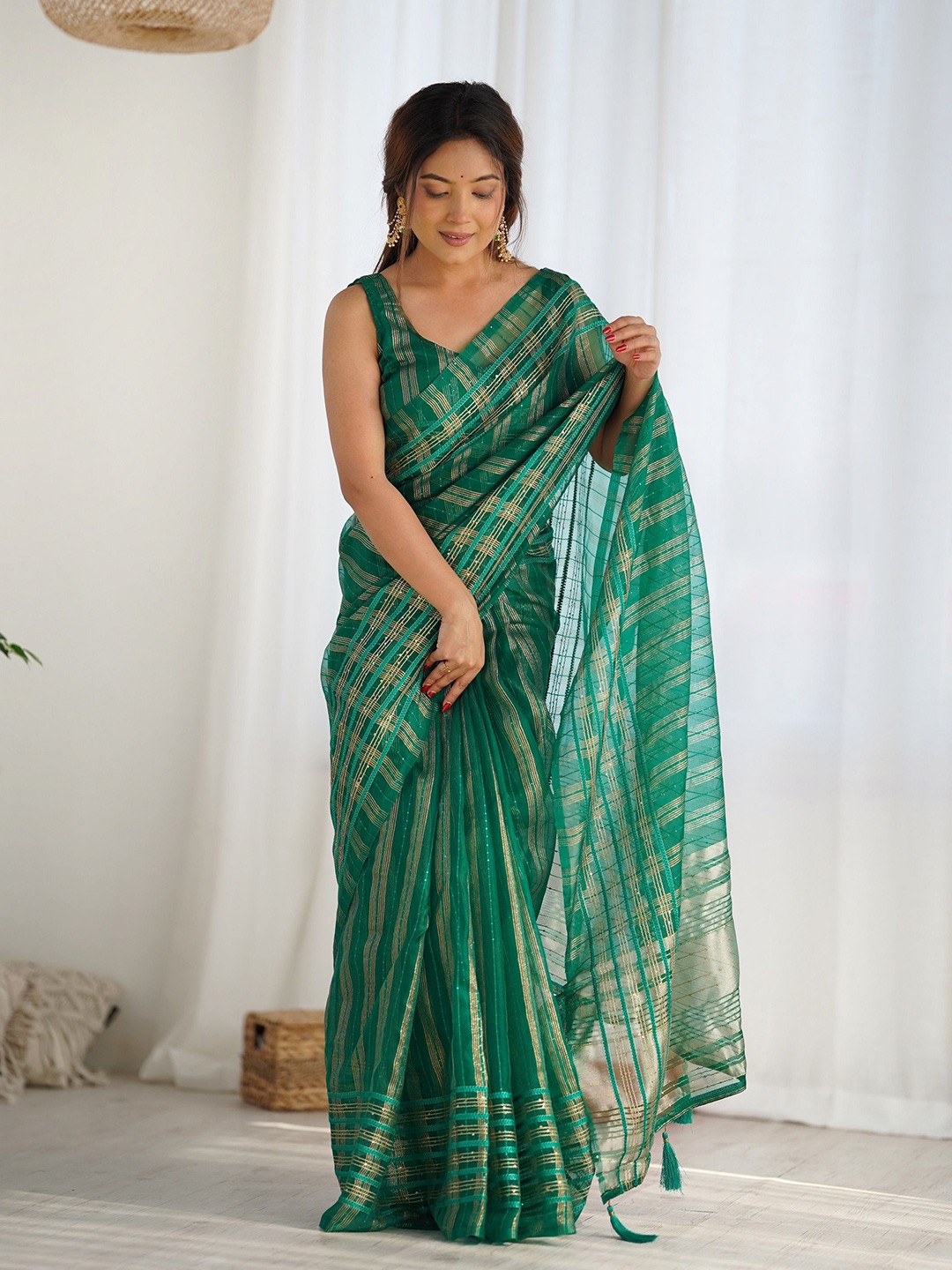 

Ethnic Yard Striped Zari Organza Chanderi Saree, Green