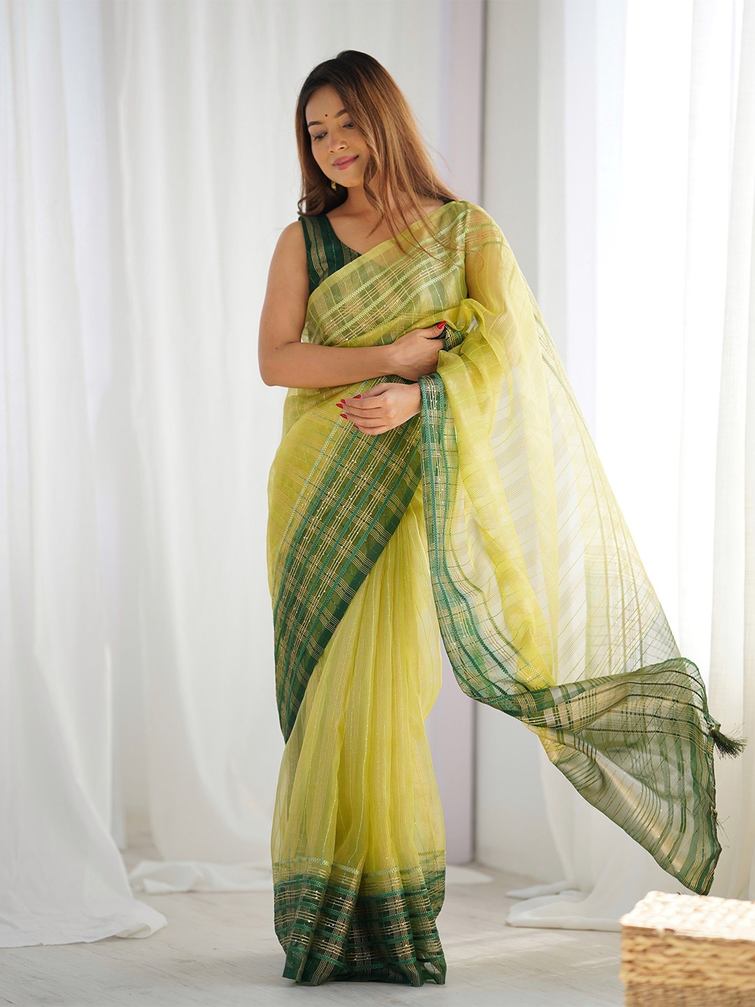 

Ethnic Yard Striped Sequinned Organza Chanderi Saree, Lime green