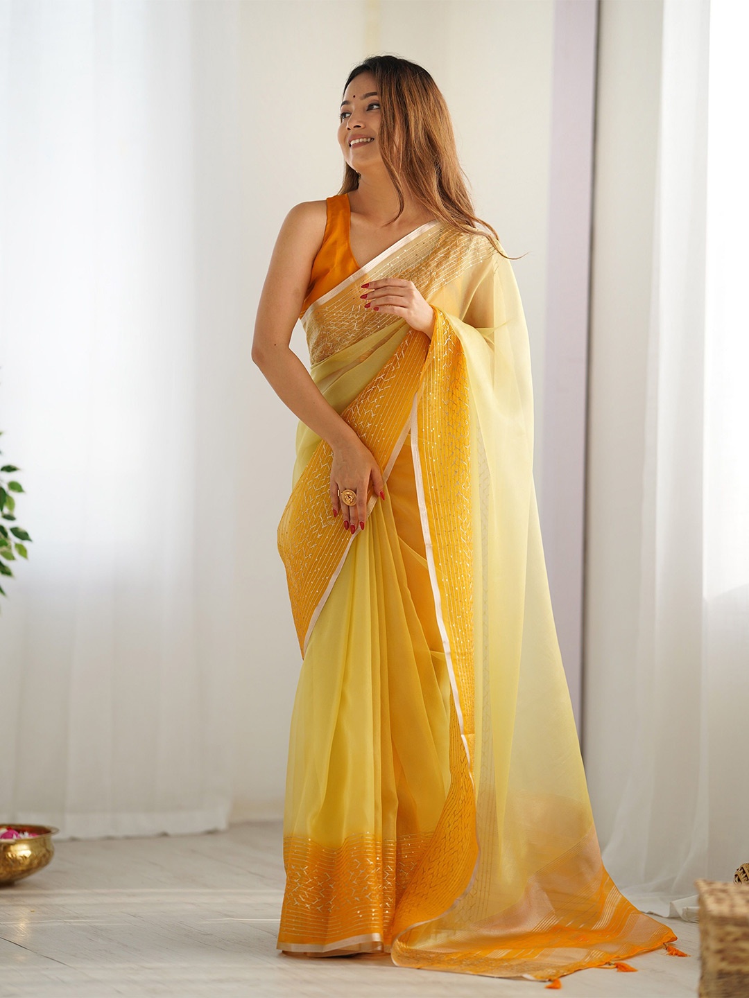 

Ethnic Yard Sequinned Organza Chanderi Saree, Yellow