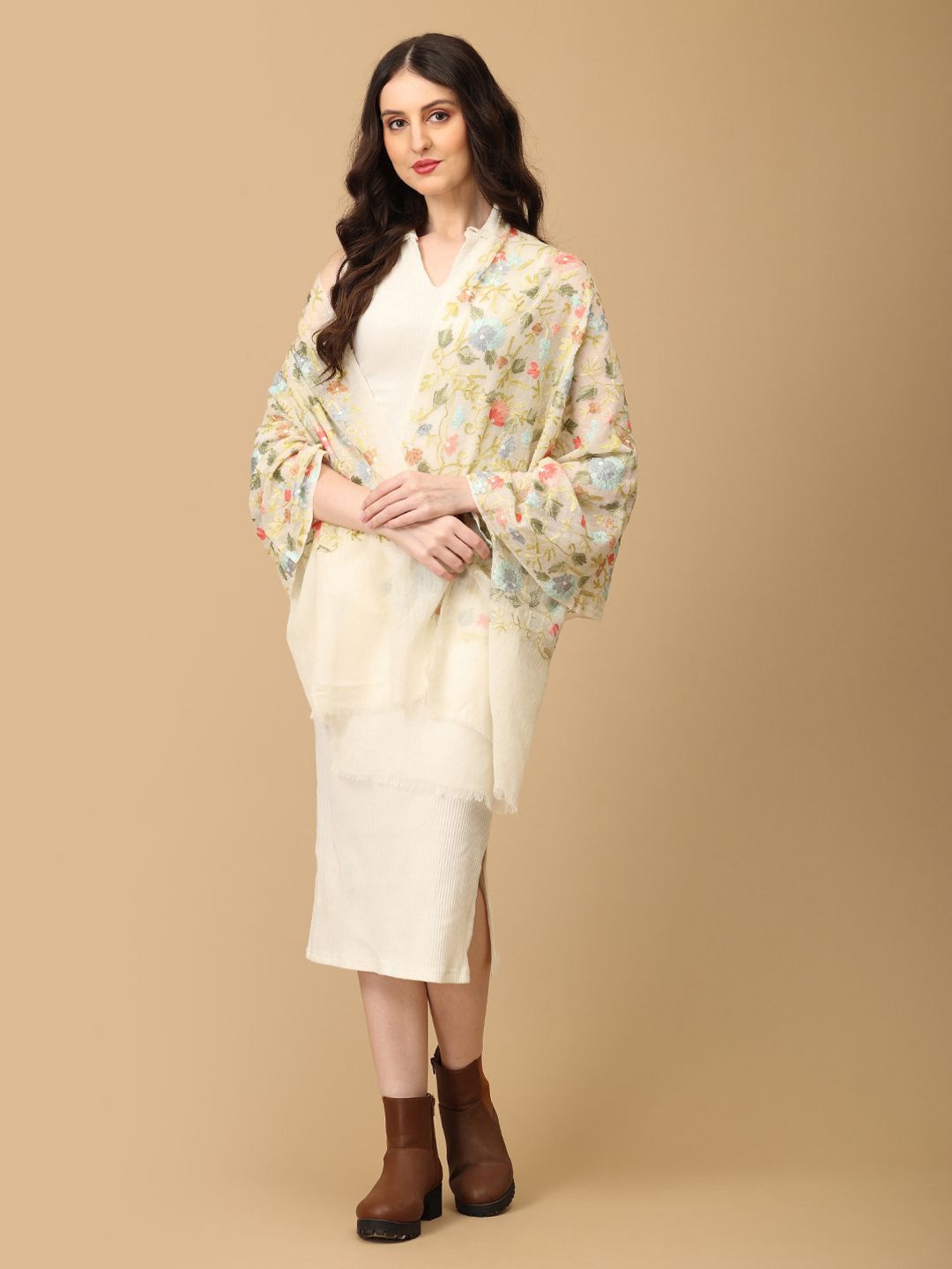 

The Woman Store Women Floral Embroidered Stole, Off white