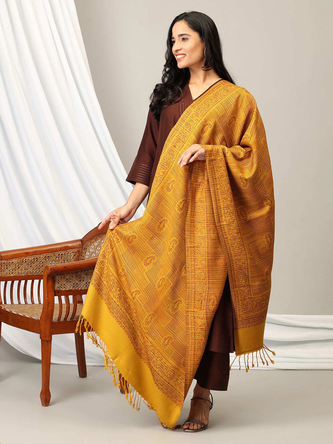 

The Woman Store Women Printed Woollen Stole, Mustard