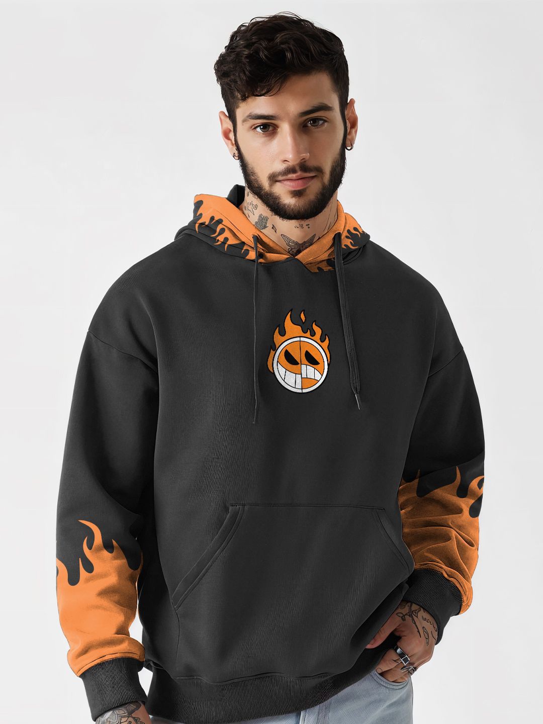 

Crazymonk Printed Anime One Piece Fire Fist Oversized Fit Hooded Sweatshirt, Black