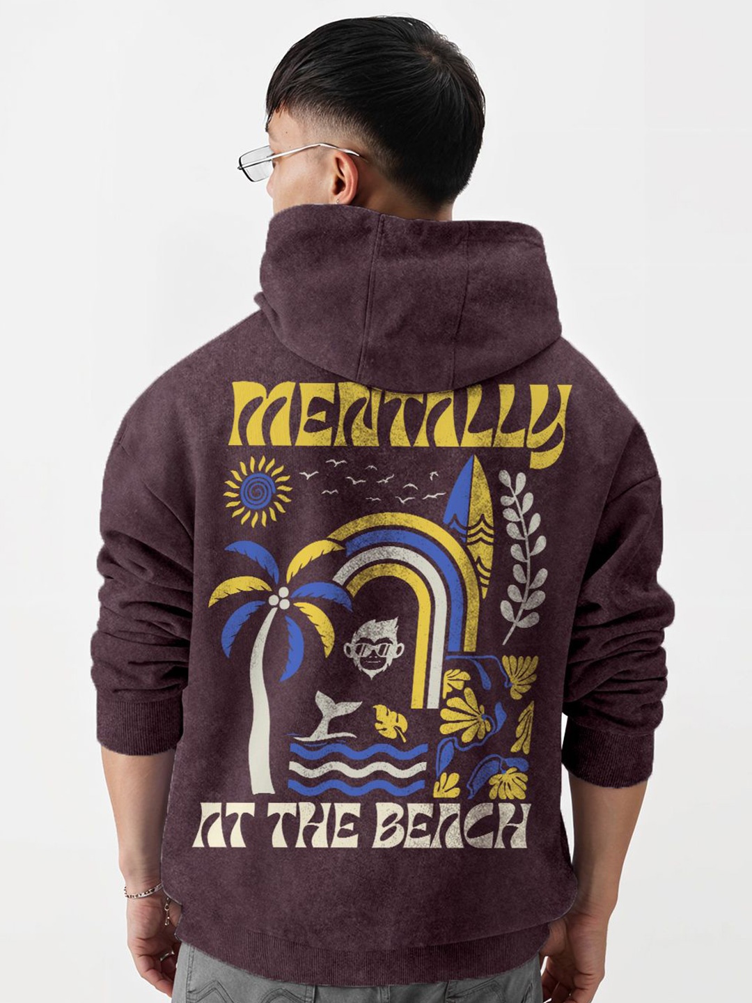 

Crazymonk Men Printed Beach Vibes Oversized Hooded Sweatshirt, Maroon