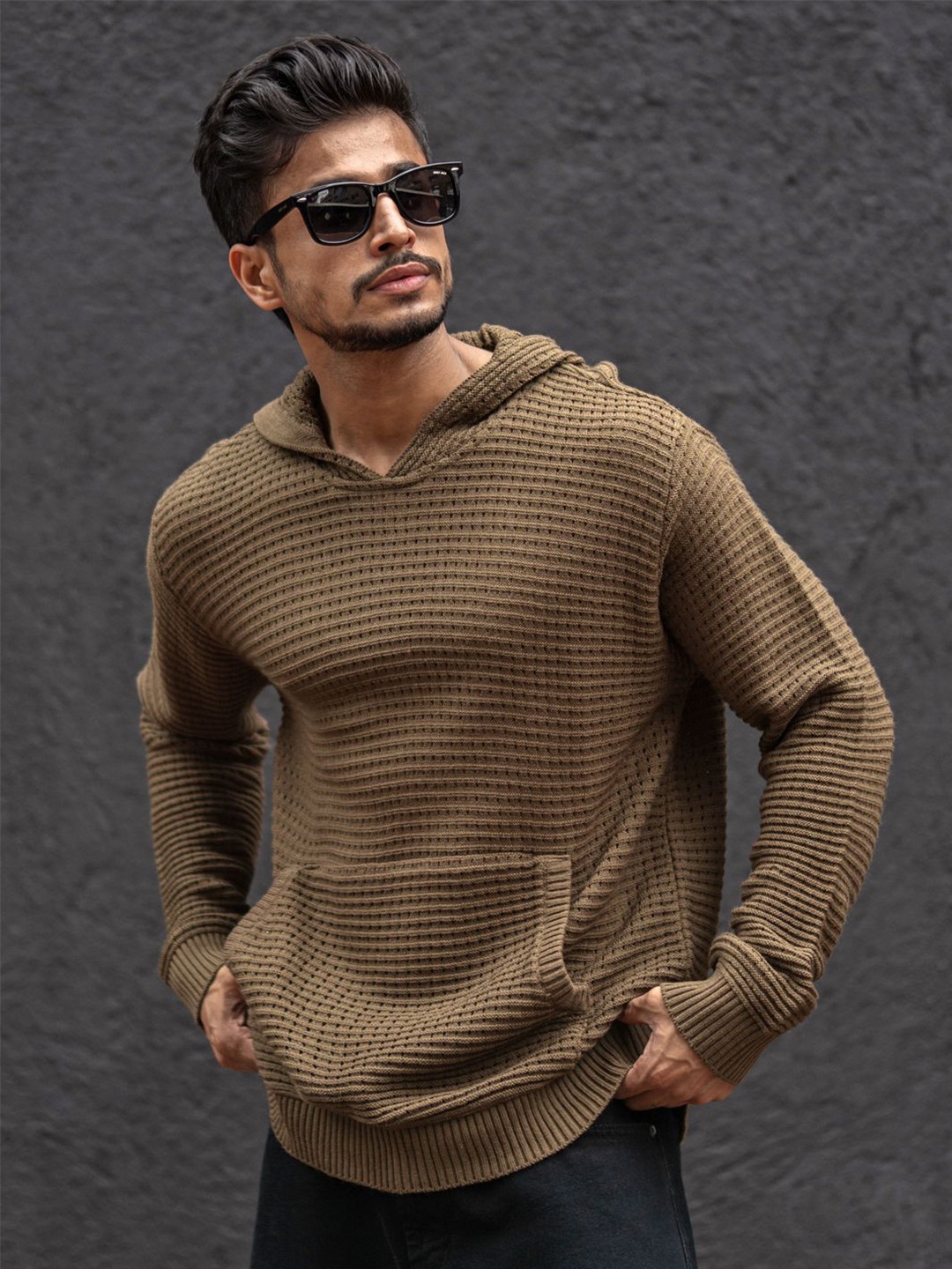

Powerlook Men Textured Solid Hooded Oversized T-shirt, Beige