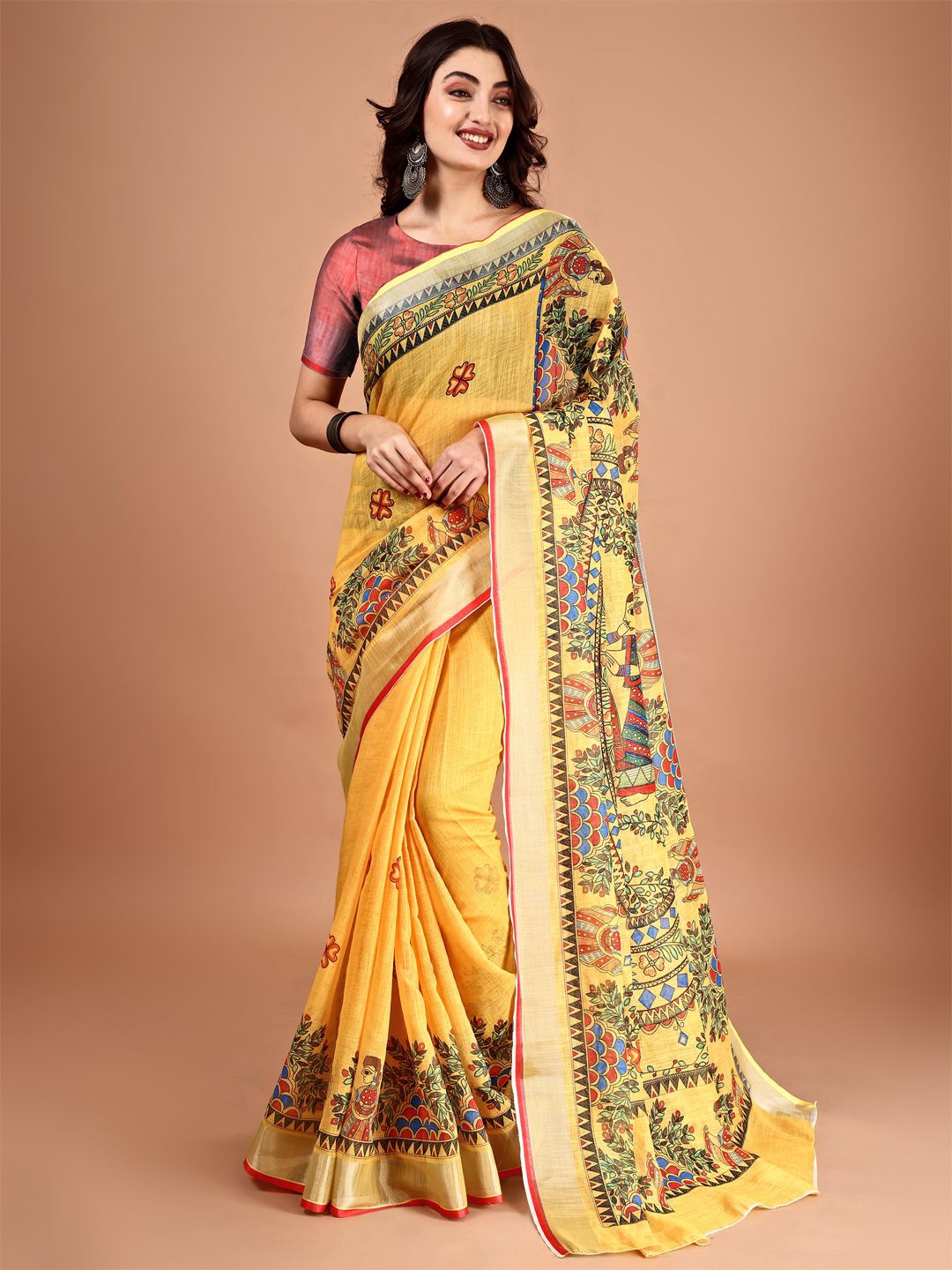 

BAPS Kalamkari Printed Zari Saree, Yellow
