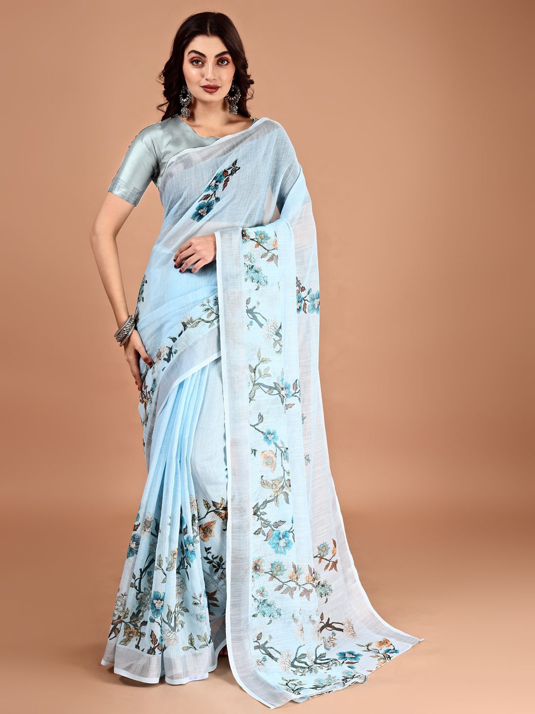 

BAPS Floral Printed Zari Saree, Blue