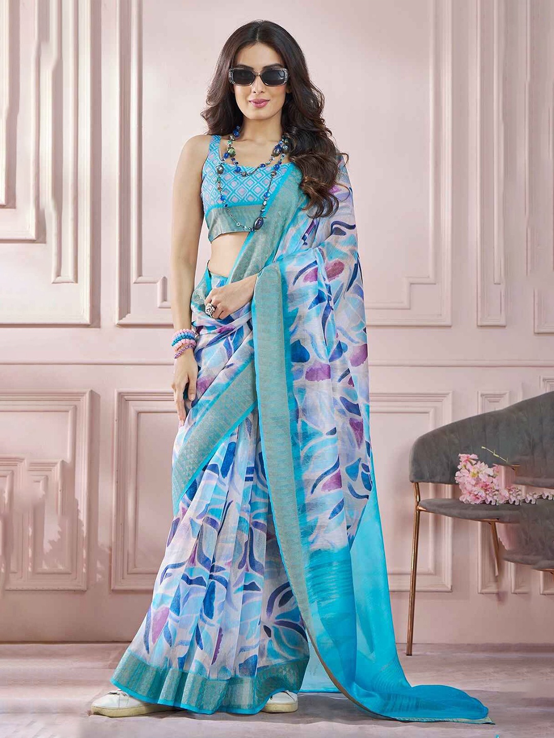 

MAHALASA Zari Silk Cotton Saree, Turquoise blue