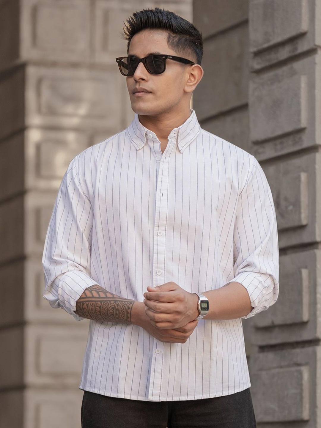 

Powerlook Men Spread Collar Vertical Striped Cotton Casual Shirt, White