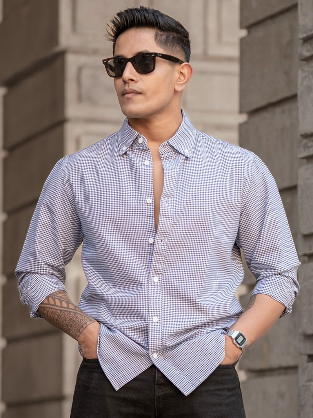 

Powerlook Men Button-Down Collar Micro Checked Cotton Casual Shirt, Navy blue