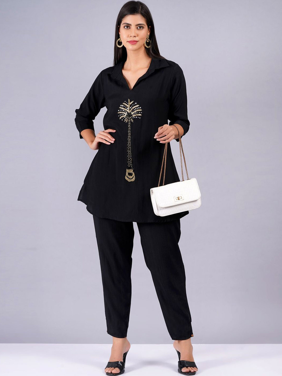 

JC4U Shirt collar Embroidered Tunic With Trouser, Black