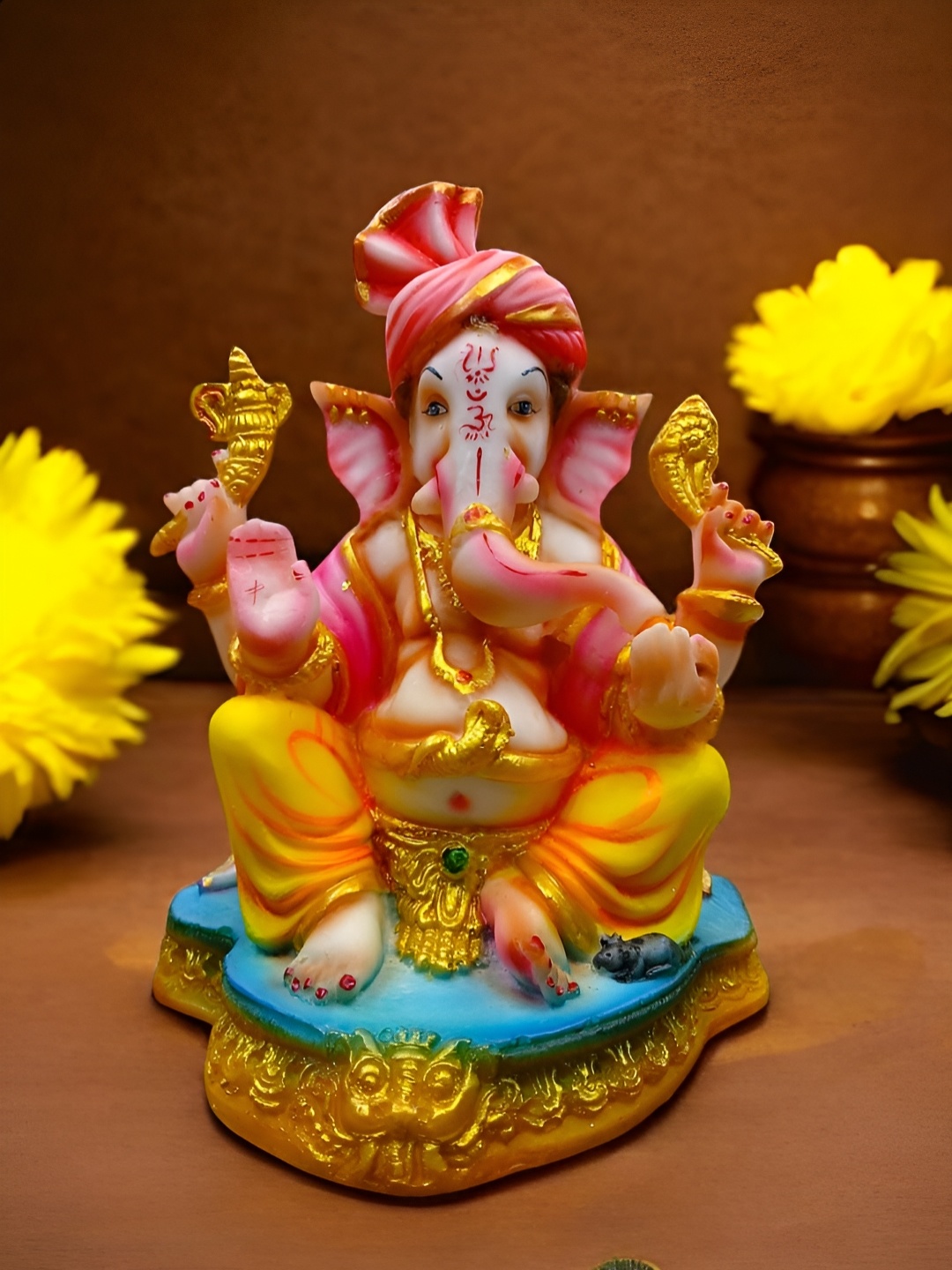 

SANKALAN CREATIONS Orange-Coloured & Pink Lord Ganesha Marble Showpiece