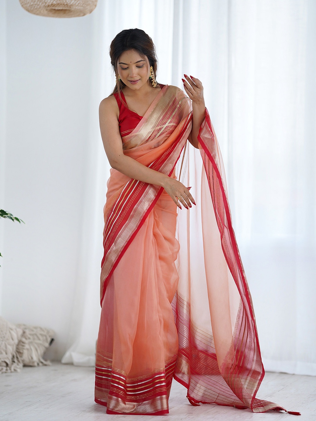 

Ethnic Yard Sequinned Organza Chanderi Saree, Peach