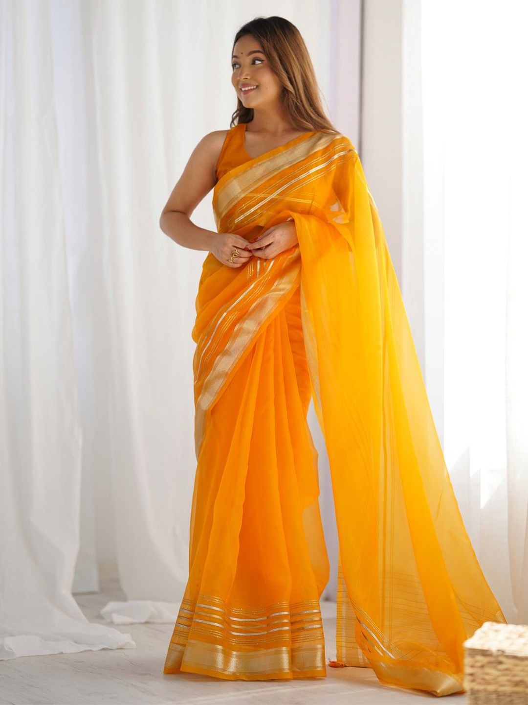 

Ethnic Yard Organza Embriodery Sequence Woven Work Saree, Yellow