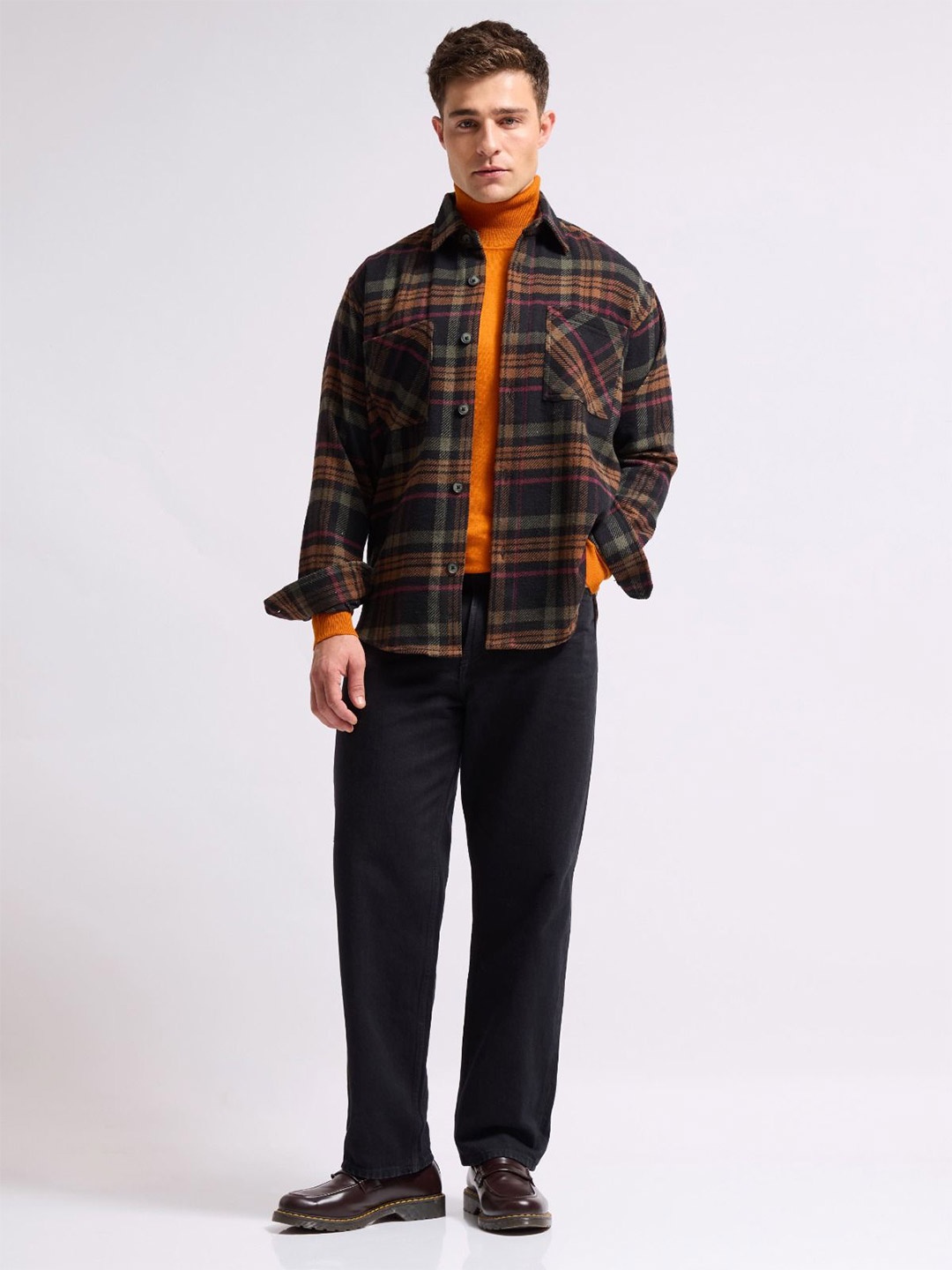 

MISCHIEF MONKEY Men Relaxed Fit Spread Collar Checked Cotton Casual Shacket, Orange