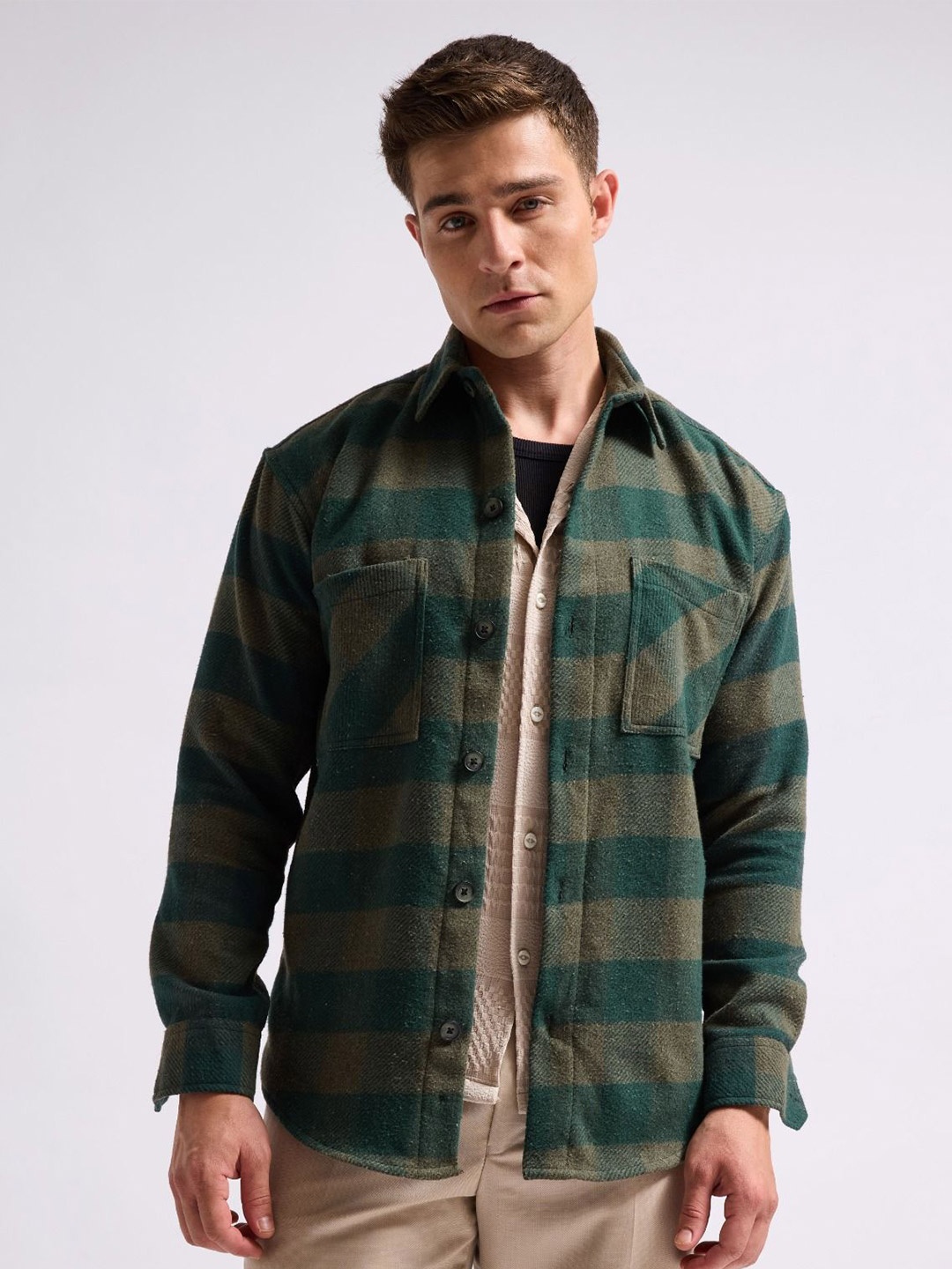 

MISCHIEF MONKEY Men Classic Relaxed Fit Horizontal Striped Cotton Casual Shirt, Olive