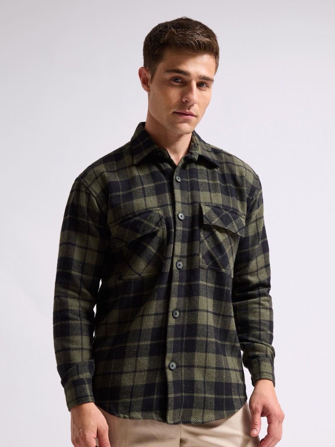 

MISCHIEF MONKEY Men Classic Spread Collar Tartan Checked Cotton Boxy Casual Shirt, Green