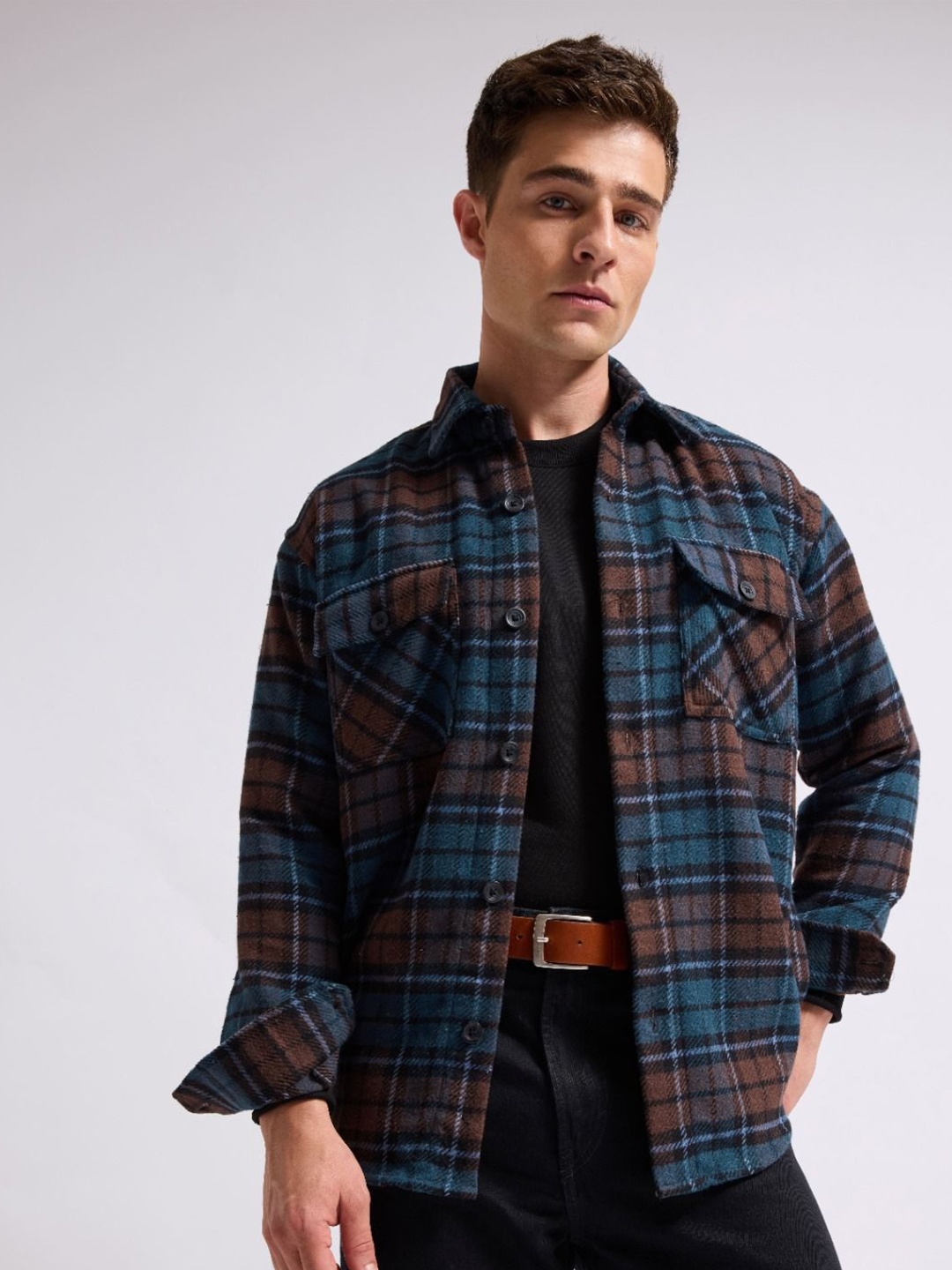 

MISCHIEF MONKEY Men Classic Relaxed Fit Spread Collar Tartan Checked Cotton Casual Shirt, Teal