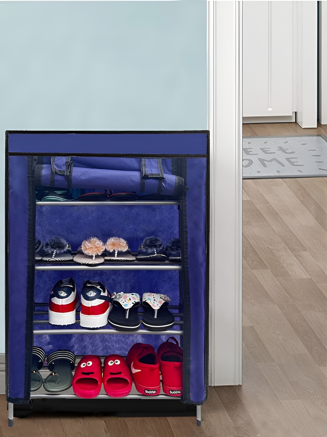 

Urban Choice Blue and Black 4-Layers Collapsible Shoe Rack
